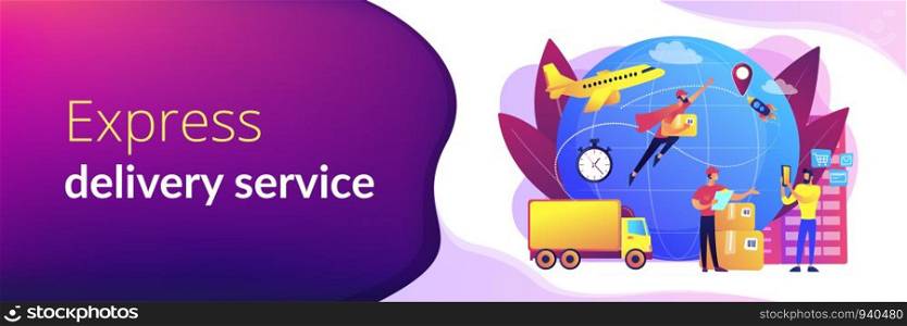 Courier carrying order, delivering parcel. Express cargo delivery service, air freight logistics and distribution, global postal mail concept. Header or footer banner template with copy space.. Express delivery service concept banner header.