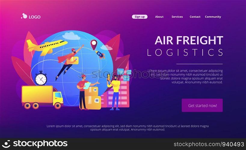 Courier carrying order, delivering parcel. Express cargo delivery service, air freight logistics and distribution, global postal mail concept. Website homepage landing web page template.. Express delivery service concept landing page.