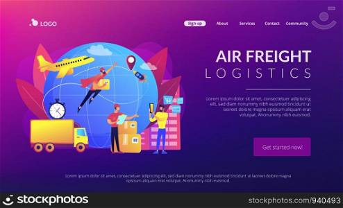 Courier carrying order, delivering parcel. Express cargo delivery service, air freight logistics and distribution, global postal mail concept. Website homepage landing web page template.. Express delivery service concept landing page.