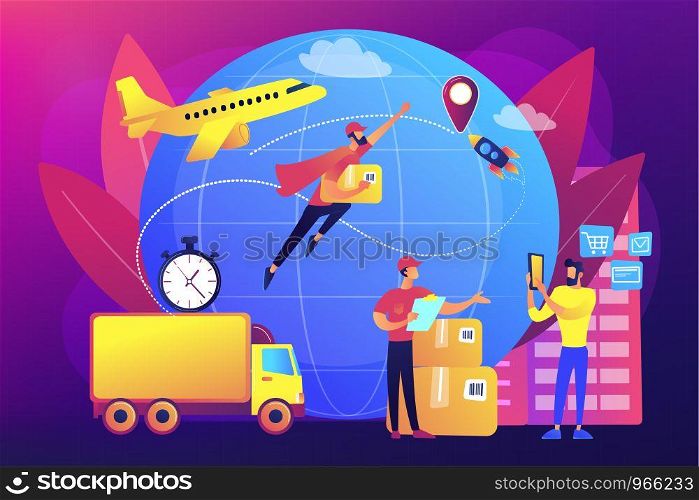 Courier carrying order, delivering parcel. Express cargo delivery service, air freight logistics and distribution, global postal mail concept. Bright vibrant violet vector isolated illustration