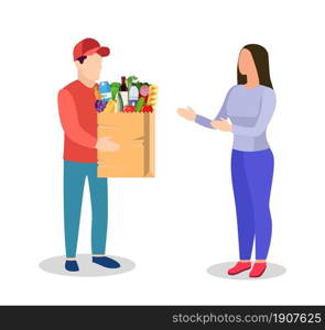 courier character delivery service icon. Man courier delivered Package food to customer. Concept for online shop or e-shop. Vector illustration in flat style. courier character delivery service icon