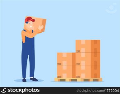 courier character delivery service icon. Man courier delivered parcel box to customer. Concept for online shop or e-shop. Vector illustration in flat style. courier character delivery service icon