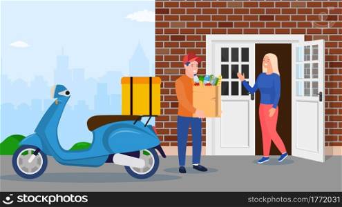courier character delivery service. Man courier delivered Package food to customer. Concept for online shop or e-shop. Vector illustration in flat style. courier character delivery service