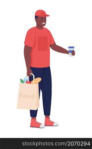 Courier delivering coffee semi flat color vector character. Posing figure. Full body person on white. Worker with takeout isolated modern cartoon style illustration for graphic design and animation. Courier delivering coffee semi flat color vector character