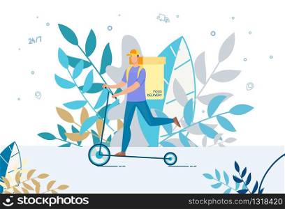 Courier Delivering Food Basket on Electric Scooter. Deliveryman Using Eco-Friendly Fast Transport. Fresh Healthy Hot Meal Order Transportation. Round-the-Clock Online Service Advertisement. Courier Delivering Food Basket on Electric Scooter