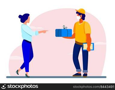Courier delivering package to customer. Young woman receiving parcel flat vector illustration. Hand delivery, shipping service, online order concept for banner, website design or landing web page