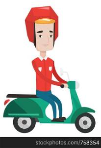 Courier delivering pizza on scooter. Courier driving a scooter and delivering pizza. Worker of delivery service of pizza. Food delivery concept. Vector flat design illustration isolated on background.. Courier delivering pizza on scooter.