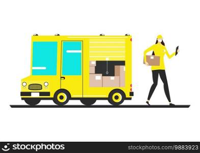 Courier delivering the package. Female courier in a protective mask with a package next to a delivery truck. Flat vector. No gradients. One layer.