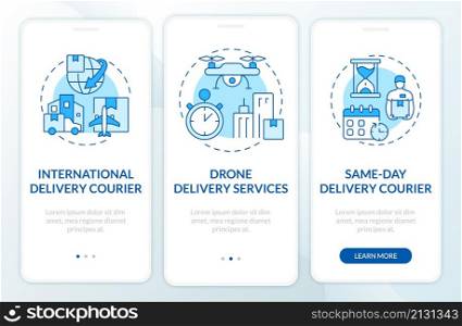 Courier delivery business blue and white onboarding mobile app screen. Post walkthrough 3 steps graphic instructions pages with concepts. UI, UX, GUI template. Myriad Pro-Bold, Regular fonts used. Courier delivery business blue and white onboarding mobile app screen