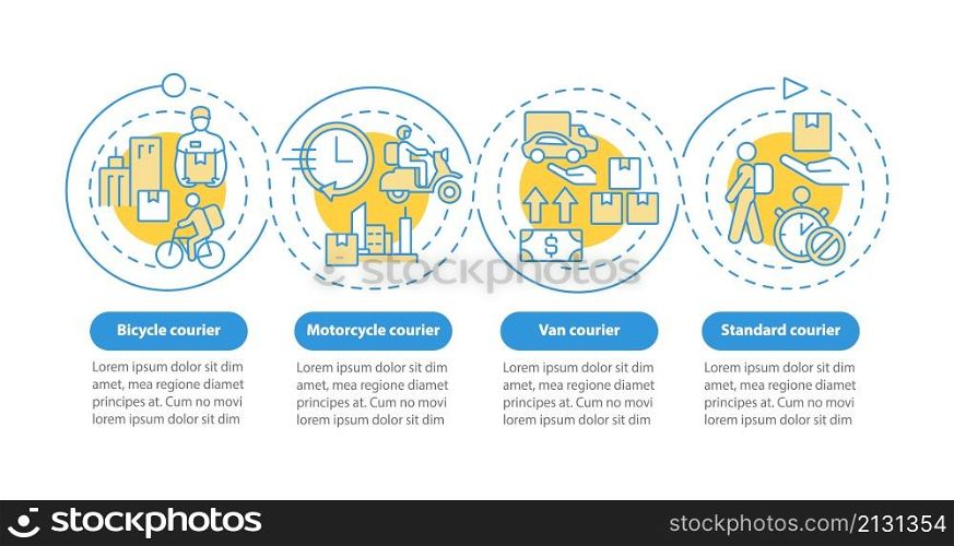 Courier delivery business blue circle infographic template. Parcel. Data visualization with 4 steps. Process timeline info chart. Workflow layout with line icons. Myriad Pro-Bold, Regular fonts used. Courier delivery business blue circle infographic template