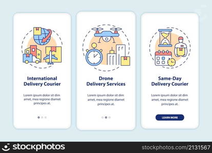 Courier delivery business onboarding mobile app screen. Cargo walkthrough 3 steps graphic instructions pages with linear concepts. UI, UX, GUI template. Myriad Pro-Bold, Regular fonts used. Courier delivery business onboarding mobile app screen