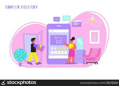 Courier delivery flat composition with worker carrying ordered good to consumer staying home vector illustration