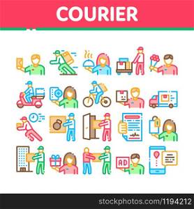 Courier Delivery Job Collection Icons Set Vector Thin Line. Courier On Scooter And Bicycle, Truck And Agreement, Weight Box And Flowers Concept Linear Pictograms. Color Contour Illustrations. Courier Delivery Job Collection Icons Set Vector