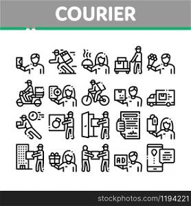 Courier Delivery Job Collection Icons Set Vector Thin Line. Courier On Scooter And Bicycle, Truck And Agreement, Weight Box And Flowers Concept Linear Pictograms. Monochrome Contour Illustrations. Courier Delivery Job Collection Icons Set Vector