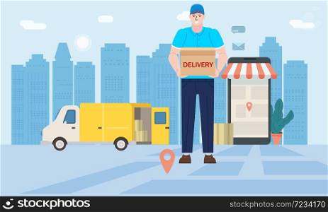 Courier delivery man character delivers goods by van, order tracking online. Courier delivery man character delivers goods by van, order tracking online, smartphone city background. Concept vector illustration isolated