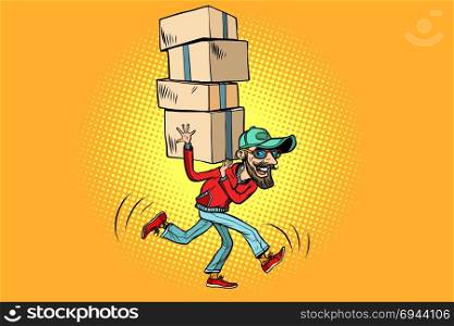 courier delivery, the employee quickly runs. Comic book cartoon pop art illustration retro drawing. courier delivery, the employee quickly runs