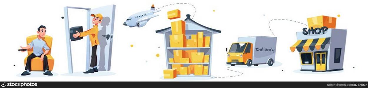 Courier delivery, transport logistic, freight distribution isolated set. Man deliver parcel to customer home, truck or van and airplane shipping goods to shop or warehouse, Cartoon vector illustration. Courier delivery, transport logistic, distribution