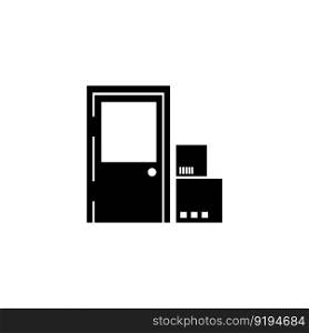 Courier Door Delivery, Package at Home Doorway. Flat Vector Icon illustration. Simple black symbol on white background. Courier Box Door Delivery sign design template for web and mobile UI element. Courier Door Delivery, Package at Home Doorway. Flat Vector Icon illustration. Simple black symbol on white background. Courier Box Door Delivery sign design template for web and mobile UI element.