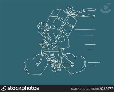 courier food delivery on a wheeled bicycle, Valentines Day. Red heart instead of wheels. Comic Cartoon Kitsch Vintage Hand Drawing Illustration. courier food delivery on a wheeled bicycle, Valentines Day. Red heart instead of wheels