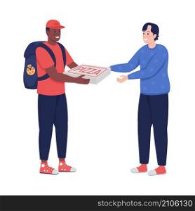 Courier giving pizza to buyer semi flat color vector characters. Interacting figures. Full body people on white. Fast food isolated modern cartoon style illustration for graphic design and animation. Courier giving pizza to buyer semi flat color vector characters
