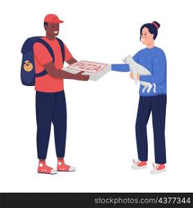 Courier giving pizza to woman semi flat color vector characters. Interacting figures. Full body people on white. Food delivery isolated modern cartoon illustration for graphic design and animation. Courier giving pizza to woman semi flat color vector characters