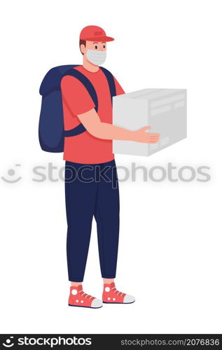 Courier in mask semi flat color vector character. Posing figure. Full body person on white. Safe delivery isolated modern cartoon style illustration for graphic design and animation. Courier in mask semi flat color vector character