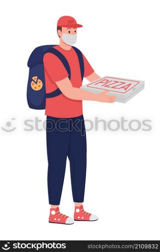 Courier in mask with pizza semi flat color vector character. Posing figure. Full body person on white. Safe food delivery isolated modern cartoon style illustration for graphic design and animation. Courier in mask with pizza semi flat color vector character