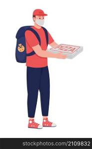 Courier in mask with pizza semi flat color vector character. Posing figure. Full body person on white. Safe food delivery isolated modern cartoon style illustration for graphic design and animation. Courier in mask with pizza semi flat color vector character