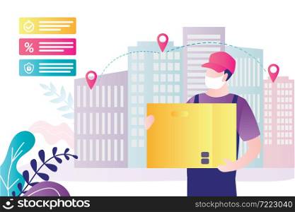 Courier in medical mask delivers parcel. Male character works in delivery service. Handsome man holding box. Safe delivery during the coronavirus epidemic. Banner in trendy style. Vector illustration. Courier in medical mask delivers parcel. Male character works in delivery service. Handsome man holding box