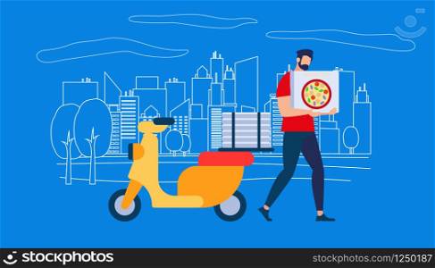 Courier Man Character in Red Shirt Carry Pizza Box in Hands. Orange Scooter Stand Over Outline Cityscape View on Blue Background. Delivery Service Order Shipping. Cartoon Flat Vector Illustration. Courier Man Character in Red Shirt Carry Pizza Box