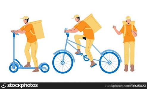Courier Man Delivery Service Worker Set Vector. Young Man Courier Delivering Order In Yellow Box Backpack On Foot, Bicycle And Scooter. Character In Uniform With Cardboard Flat Cartoon Illustrations. Courier Man Delivery Service Worker Set Vector