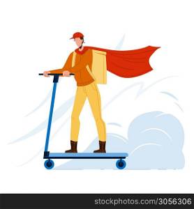 Courier Man Riding Scooter Delivery Service Vector. Courier Man With Box And Wearing Red Cloak Delivering Customer Order. Character Ride Electric Urban Transportation Flat Cartoon Illustration. Courier Man Riding Scooter Delivery Service Vector
