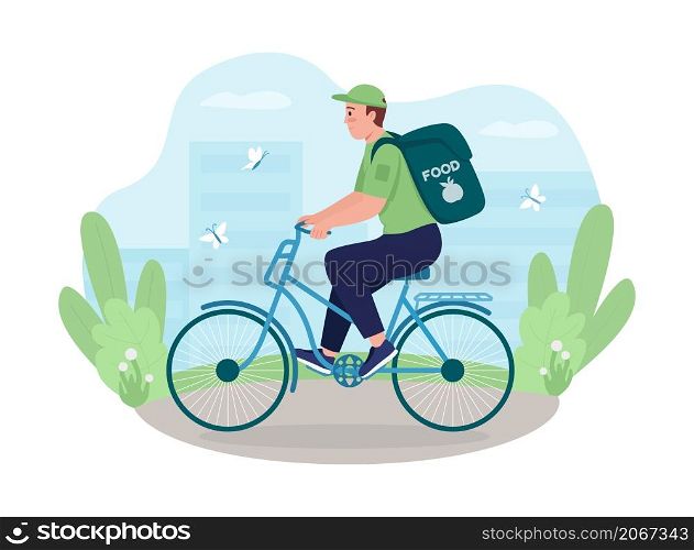 Courier on bicycle 2D vector isolated illustration. Express eco shipping. Delivery worker on bicycle flat character on cartoon background. Alternative sustainable shipment colourful scene. Courier on bicycle 2D vector isolated illustration