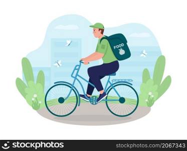 Courier on bicycle 2D vector isolated illustration. Express eco shipping. Delivery worker on bicycle flat character on cartoon background. Alternative sustainable shipment colourful scene. Courier on bicycle 2D vector isolated illustration
