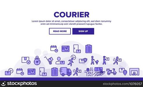 Courier Post Landing Web Page Header Banner Template Vector. Human Silhouette With Cart And Box, Truck And Motorbike Courier Service Illustration. Courier Post Landing Header Vector