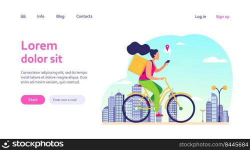 Courier riding bike and checking address on phone. Woman delivering order, using cell with map flat vector illustration. Delivery service concept for banner, website design or landing web page