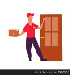 Courier service shipping delivery package. Transportation business and logistic express order. Man shipment and cargo delivering online. Container deliver and distribution mail post. Postal commercial