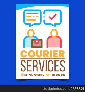 Courier Services Creative Promotion Banner Vector. Courier Delivering Order To Customer Advertising Poster. Postman Carrying Parcel To Client Concept Template Style Color Illustration. Courier Services Creative Promotion Banner Vector