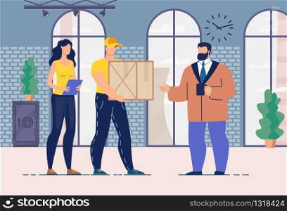 Courier Team and Main Warehouse Manager Standing and Speaking in Hall. Assistant Holding Clipboard with Waybill and Deliveryman Carrying Parcel Package. Working Moments Delivery Options Discussion. Courier Team and Main Warehouse Manager in Hall