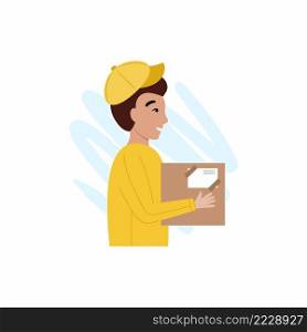 Courier with a parcel in his hands in a yellow work suit. Employee of the delivery and mail service. Express delivery of items. Vector flat character.