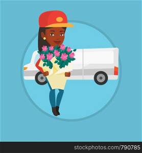 Courier with flowers on the background of delivery truck. Delivery courier holding bouquet of flowers. Courier delivering flowers. Vector flat design illustration in the circle isolated on background.. Delivery courier holding bouquet of flowers.
