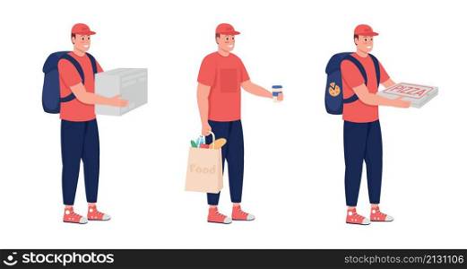 Courier with food semi flat color vector character set. Posing figure. Full body people on white. Delivery isolated modern cartoon style illustration for graphic design and animation bundle. Courier with food semi flat color vector character set