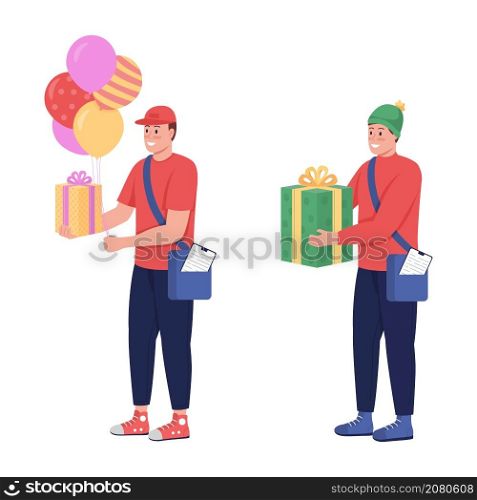Courier with gift semi flat color vector characters set. Interacting figures. Full body people on white. Delivery isolated modern cartoon style illustration for graphic design and animation pack. Courier with gift semi flat color vector characters set