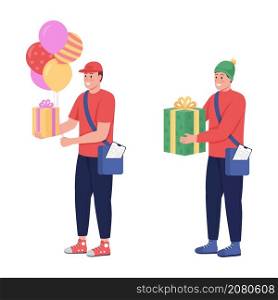 Courier with gift semi flat color vector characters set. Interacting figures. Full body people on white. Delivery isolated modern cartoon style illustration for graphic design and animation pack. Courier with gift semi flat color vector characters set