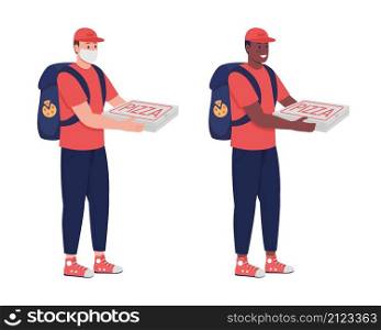 Courier with pizza semi flat color vector character set. Posing figure. Full body people on white. Fast food delivery isolated modern cartoon style illustration for graphic design and animation bundle. Courier with pizza semi flat color vector character set