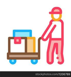 Courier with Trolley on Wheels Icon Vector. Outline Courier with Trolley on Wheels Sign. Isolated Contour Symbol Illustration. Courier with Trolley on Wheels Icon Vector Outline Illustration