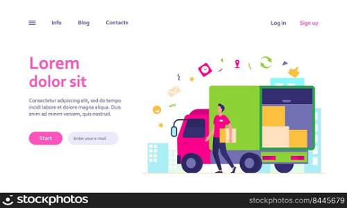 Courier with truck delivering order. Man carrying box from shipping lorry with other packages. Vector illustration for delivery service, transport, logistics concept