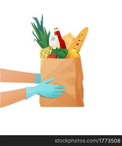 Couriers gloved hand holding a paper eco bag with groceries. Food delivery concept. Cartoon vector illustration.