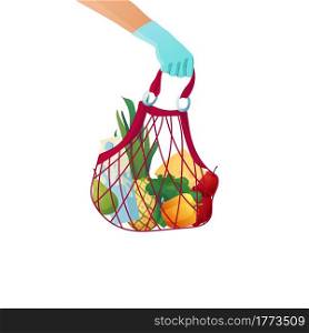 Couriers gloved hand holding a paper eco bag with groceries. Food delivery concept. Cartoon vector illustration.