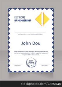 Course membership certificate design template. Vector diploma with customized copyspace and borders. Printable document for awards and recognition. Teco Light, Semibold, Arial Regular fonts used. Course membership certificate design template